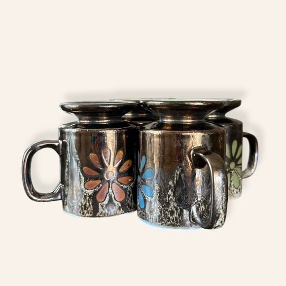 Set of 4 Vintage 1970s Metallic Brown Floral Mugs – Retro Pedestal Coffee Cups - Picture 9 of 9